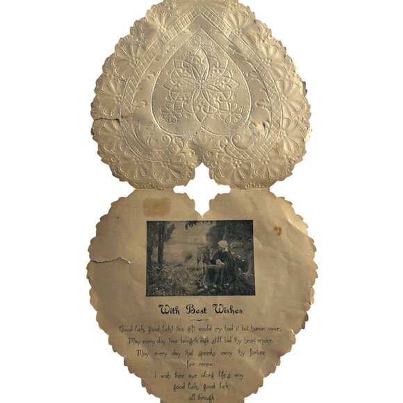 Antique Valentine Card Die-Cut Heart-Shaped Lace Embossed Birds Scene Victorian - Picture 4 of 6